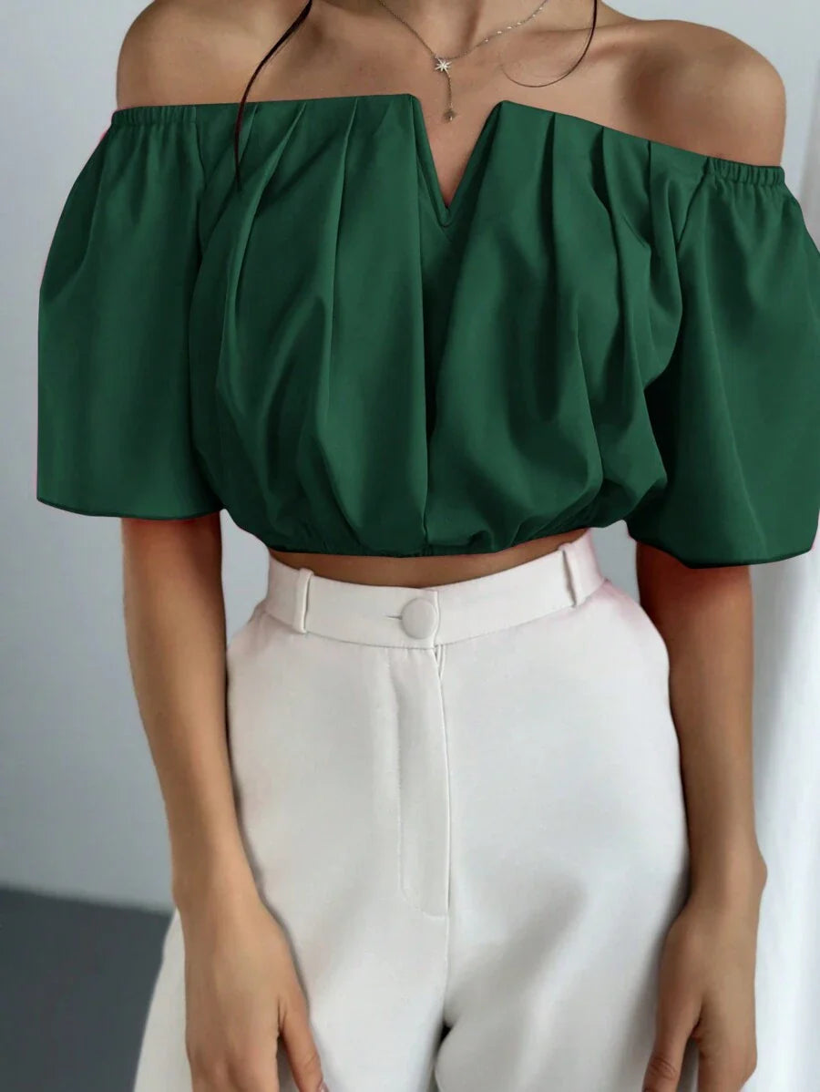 Aloruh Solid Color V-Neck Off Shoulder Casual Top