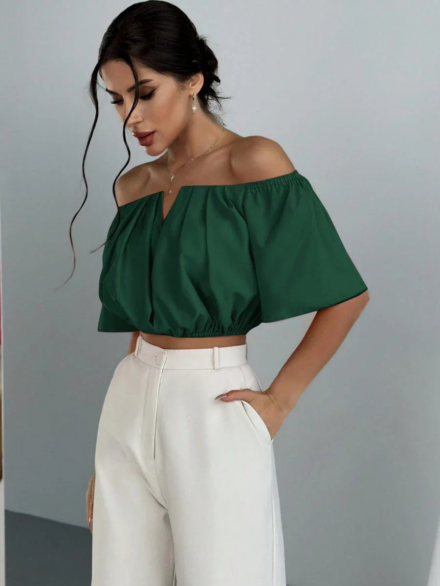 Aloruh Solid Color V-Neck Off Shoulder Casual Top