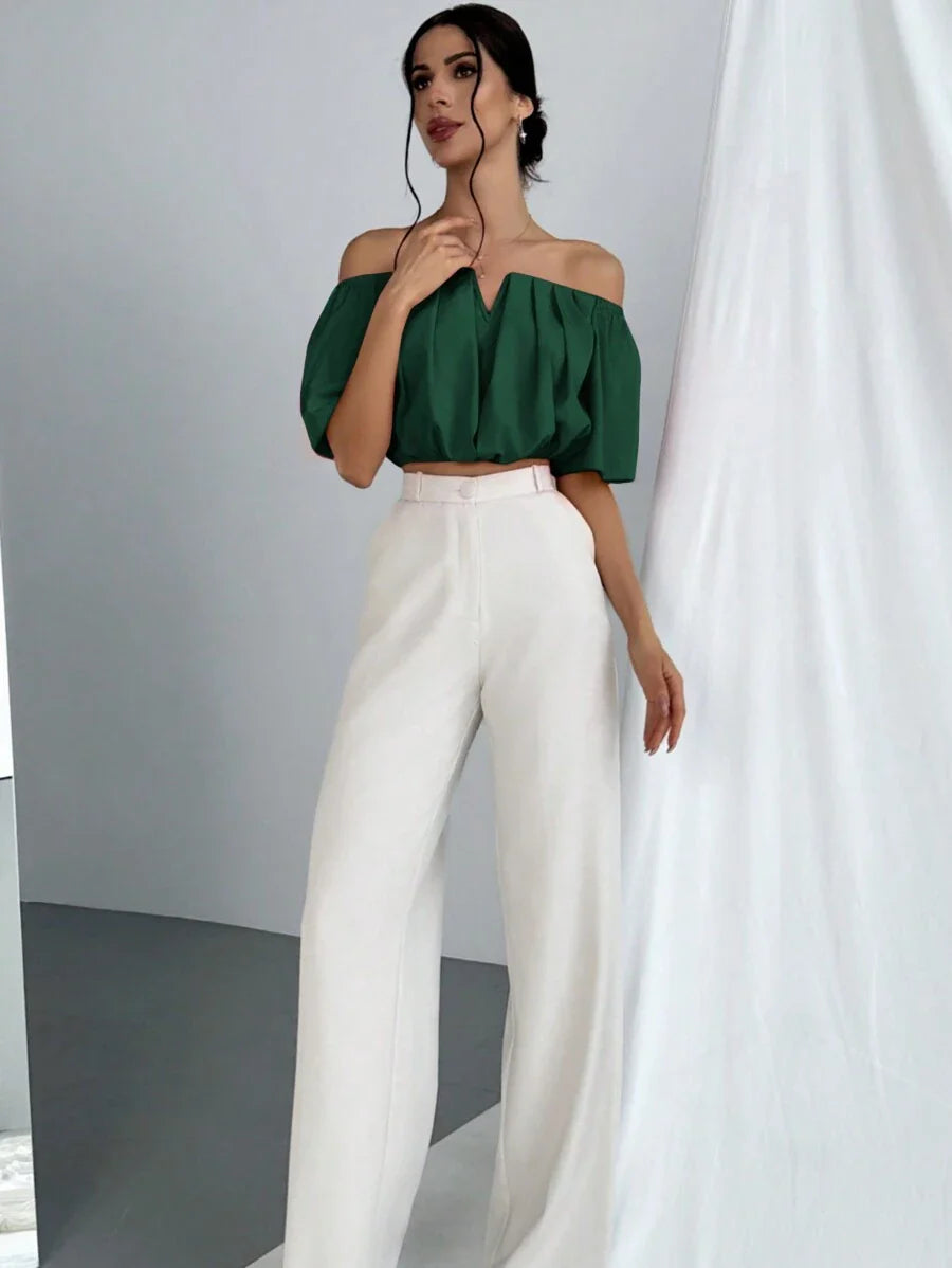 Aloruh Solid Color V-Neck Off Shoulder Casual Top