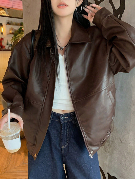 DAZY Women's Solid Color Long Sleeve Zipper Front PU Leather Loose Casual Jacket, Autumn, Fall Women Clothes