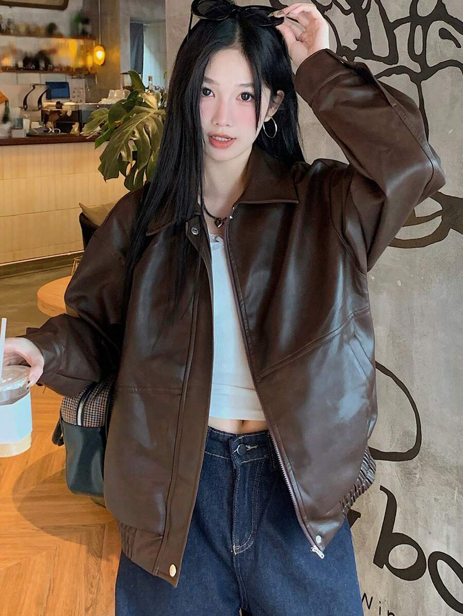 DAZY Women's Solid Color Long Sleeve Zipper Front PU Leather Loose Casual Jacket, Autumn, Fall Women Clothes