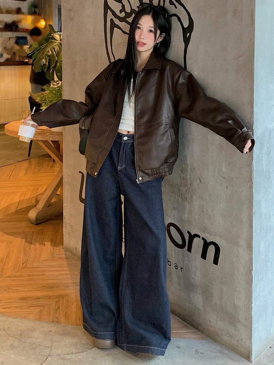 DAZY Women's Solid Color Long Sleeve Zipper Front PU Leather Loose Casual Jacket, Autumn, Fall Women Clothes