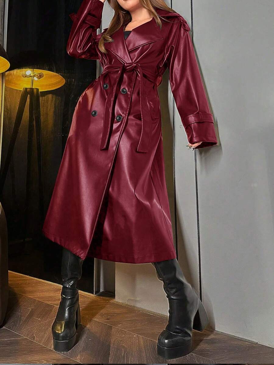 Lunelith  Lunessa Women's Fashionable Double-Breasted PU Trench Coat, Autumn