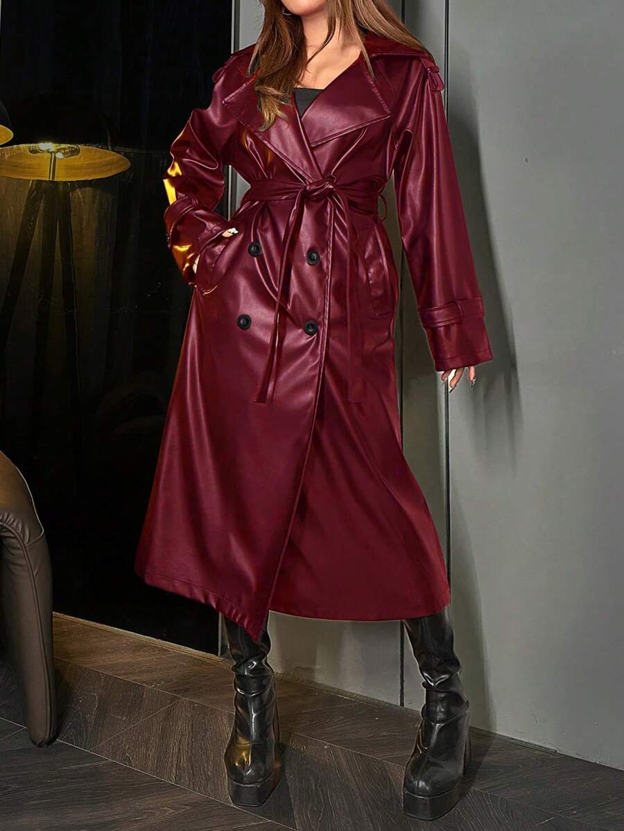 Lunelith  Lunessa Women's Fashionable Double-Breasted PU Trench Coat, Autumn