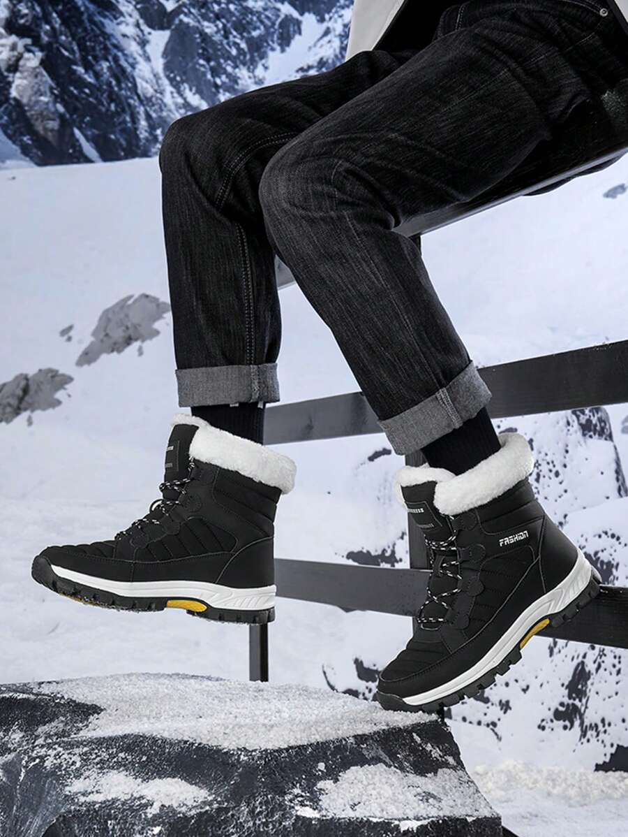 Men's 2024 New Casual Snow Boots, Hiking Shoes, Outdoor Thick Sole Boots, Warm Anti-Slip Windproof High-Top Lace-Up Boots With Fluffy Lining, Suitable For Outdoor Walking, Running, Hiking, Autumn And Winter, Fur Boots