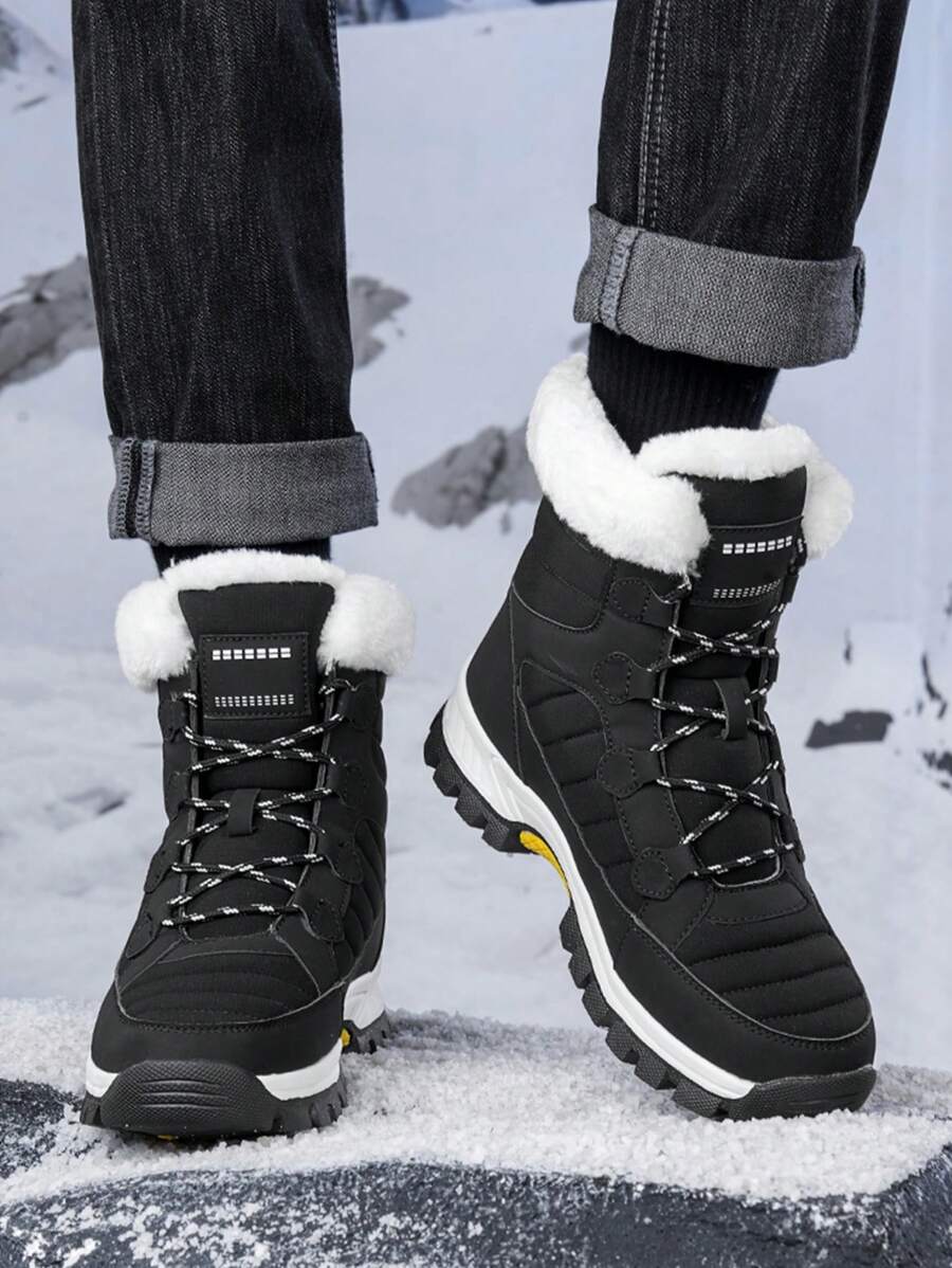 Men's 2024 New Casual Snow Boots, Hiking Shoes, Outdoor Thick Sole Boots, Warm Anti-Slip Windproof High-Top Lace-Up Boots With Fluffy Lining, Suitable For Outdoor Walking, Running, Hiking, Autumn And Winter, Fur Boots