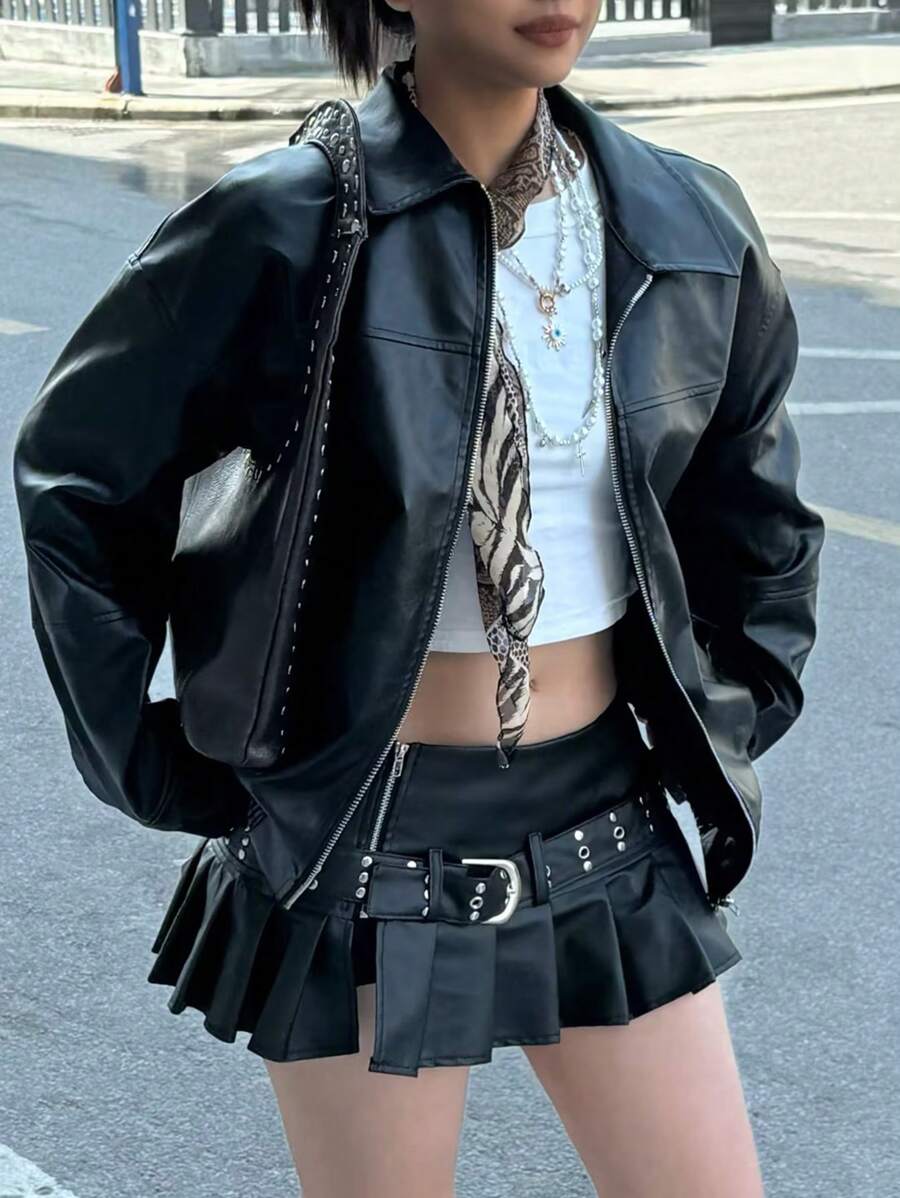 INAWLY Women's Loose Fit Long Sleeve Leather Jacket, Motorcycle Casual Style, Autumn/Winter Fall Cloth For Women