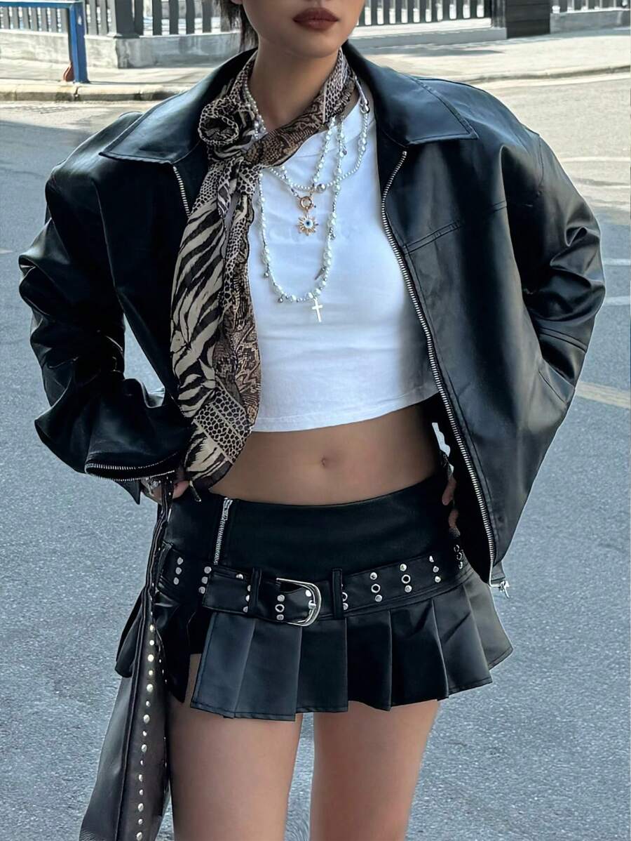 INAWLY Women's Loose Fit Long Sleeve Leather Jacket, Motorcycle Casual Style, Autumn/Winter Fall Cloth For Women