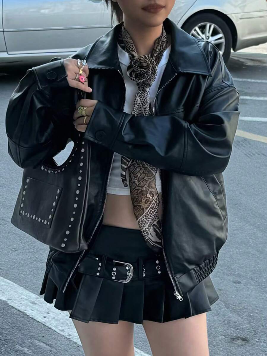 INAWLY Women's Loose Fit Long Sleeve Leather Jacket, Motorcycle Casual Style, Autumn/Winter Fall Cloth For Women