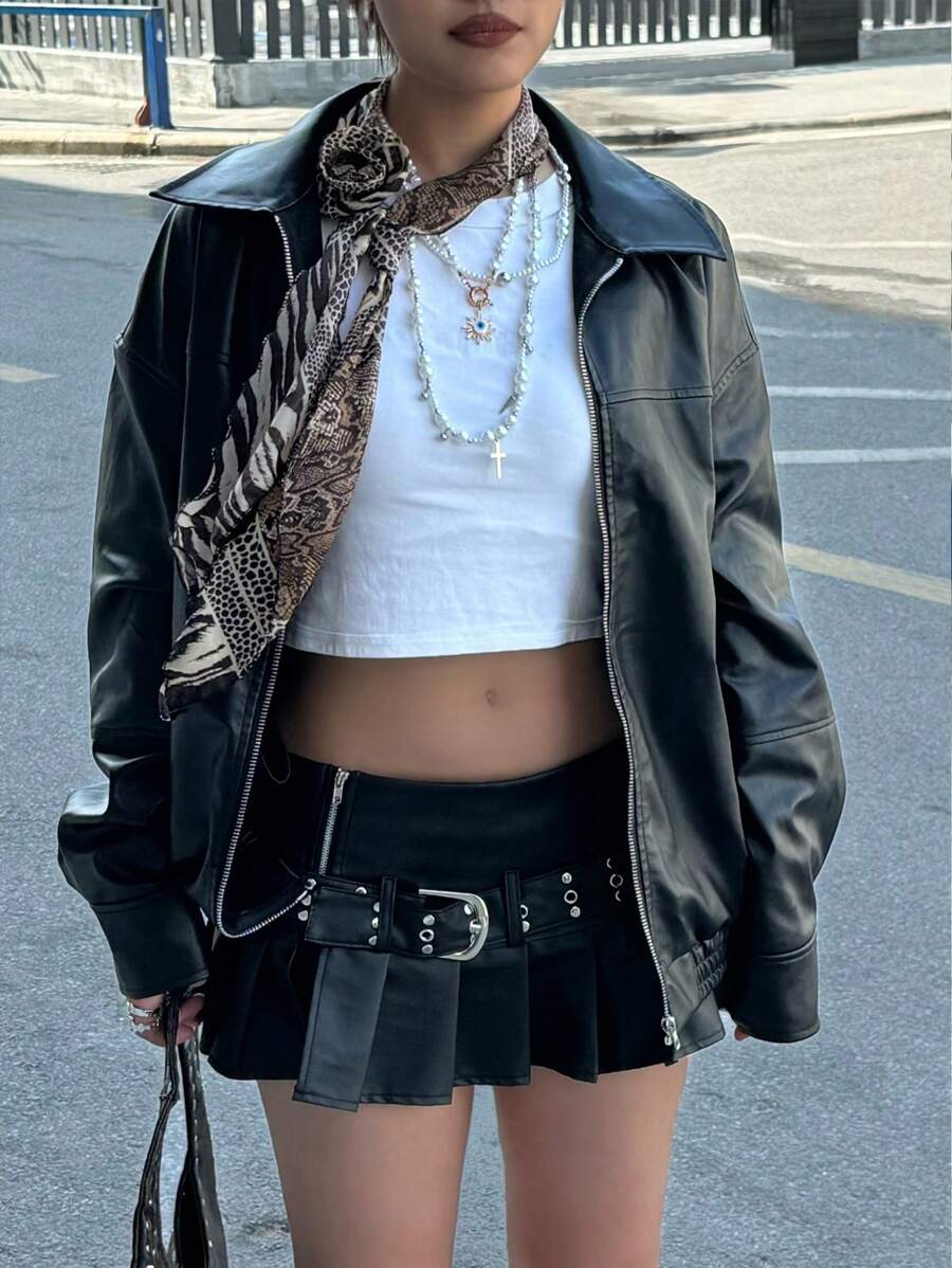 INAWLY Women's Loose Fit Long Sleeve Leather Jacket, Motorcycle Casual Style, Autumn/Winter Fall Cloth For Women