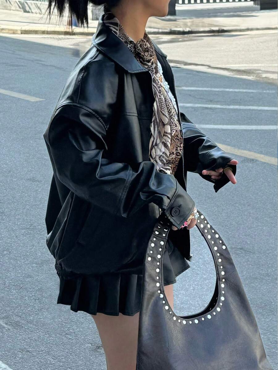 INAWLY Women's Loose Fit Long Sleeve Leather Jacket, Motorcycle Casual Style, Autumn/Winter Fall Cloth For Women