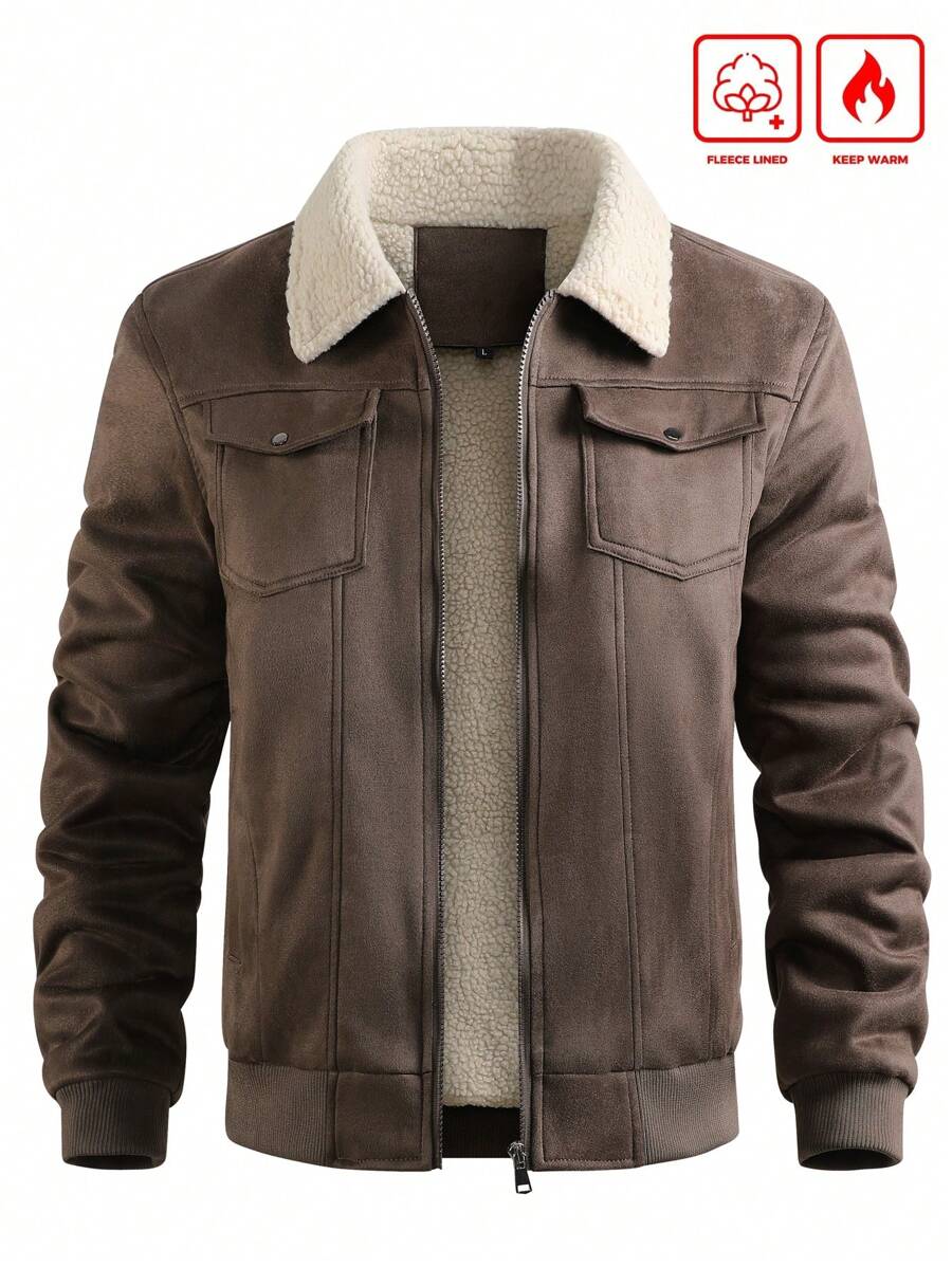 Manfinity Homme Men's Sherpa Fleece Jacket, Faux Suede Fur Collar, For Fall Winter