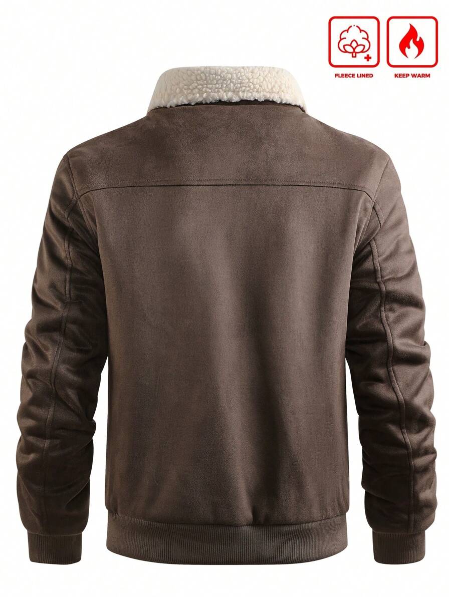 Manfinity Homme Men's Sherpa Fleece Jacket, Faux Suede Fur Collar, For Fall Winter