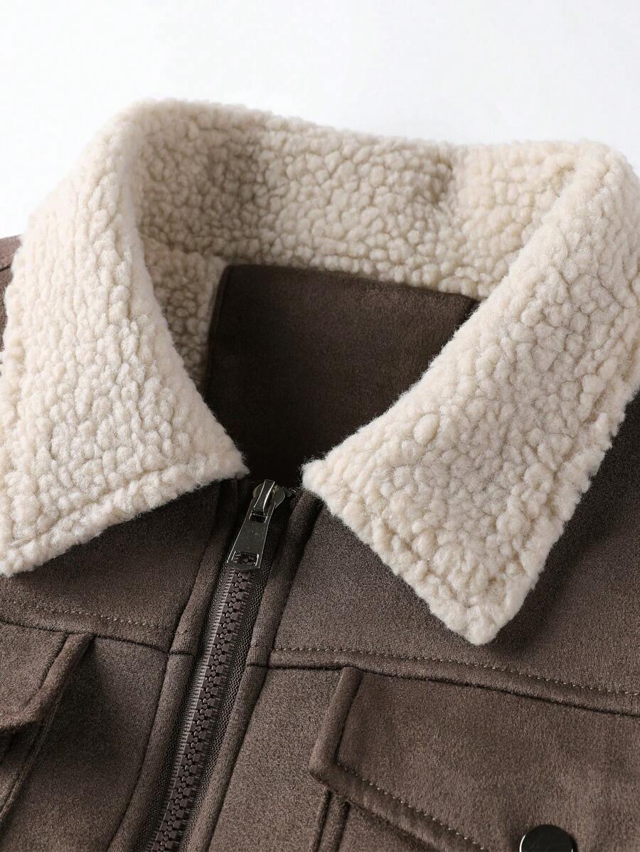 Manfinity Homme Men's Sherpa Fleece Jacket, Faux Suede Fur Collar, For Fall Winter