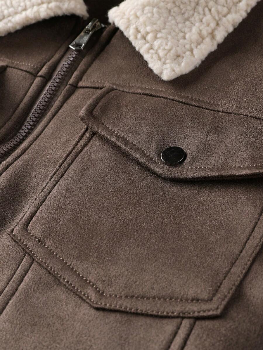 Manfinity Homme Men's Sherpa Fleece Jacket, Faux Suede Fur Collar, For Fall Winter