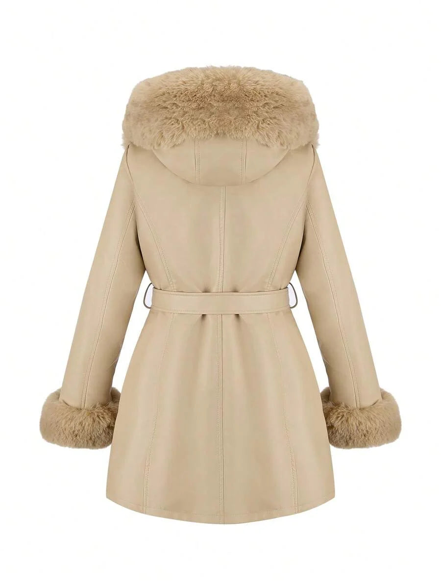 Giolshon Women's PU Jacket With Faux Fur And Belt - Perfect For Fall And Winter, And Stylish With Waist Tie For Casual Or Work Commute
