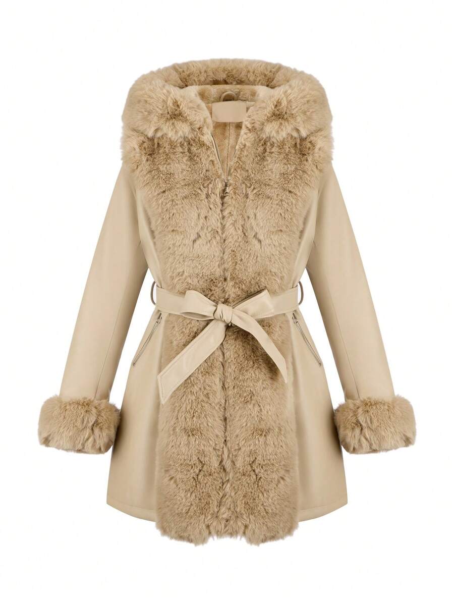 Giolshon Women's PU Jacket With Faux Fur And Belt - Perfect For Fall And Winter, And Stylish With Waist Tie For Casual Or Work Commute