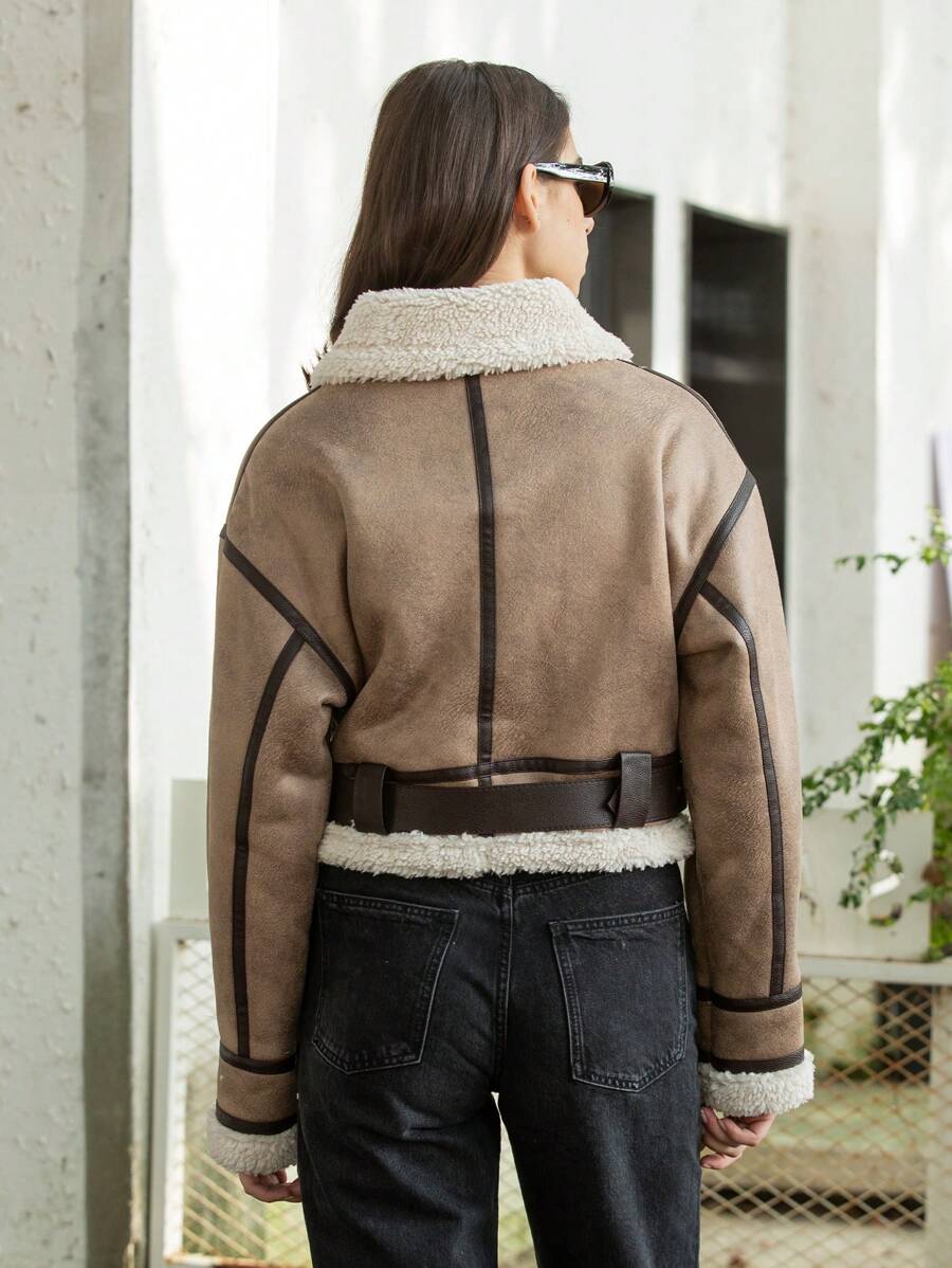 HH Fashion Elegant Women Thickening Warm Zip Coat Female Faux Leather Lambswool Patchwork Casual Jacket