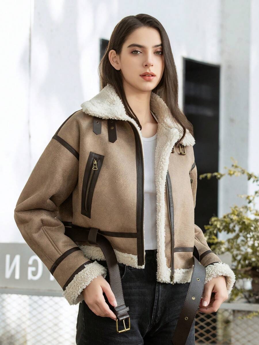HH Fashion Elegant Women Thickening Warm Zip Coat Female Faux Leather Lambswool Patchwork Casual Jacket