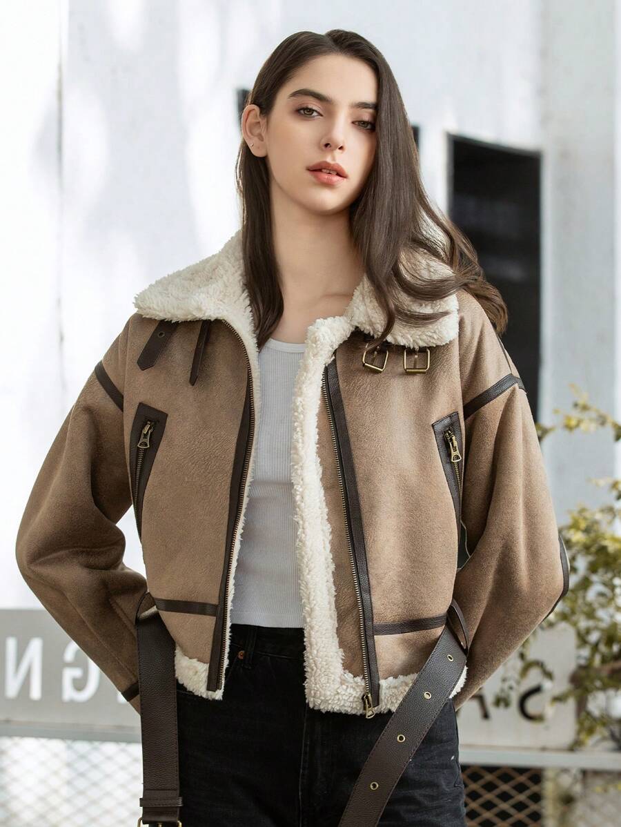 HH Fashion Elegant Women Thickening Warm Zip Coat Female Faux Leather Lambswool Patchwork Casual Jacket
