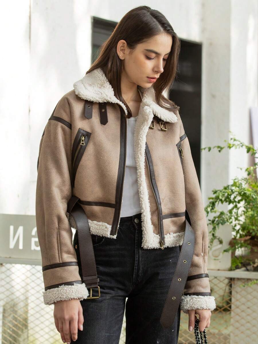 HH Fashion Elegant Women Thickening Warm Zip Coat Female Faux Leather Lambswool Patchwork Casual Jacket