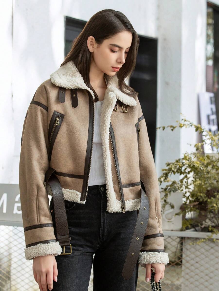 HH Fashion Elegant Women Thickening Warm Zip Coat Female Faux Leather Lambswool Patchwork Casual Jacket