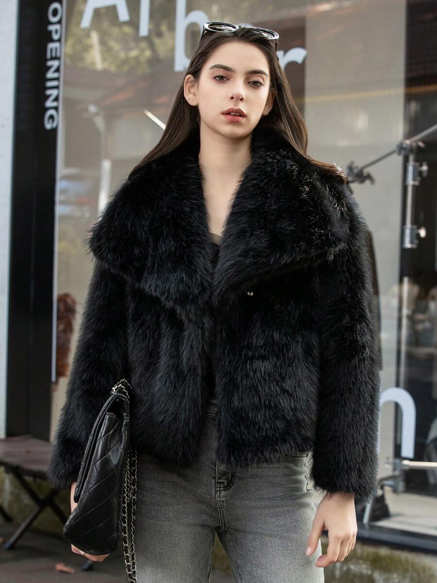 HH Faux Fur Jacket For Women Elegant Solid Lapel Long Sleeve Coat Casual Loose Female Winter Oversize Lady Chic Streetwear Jakcets