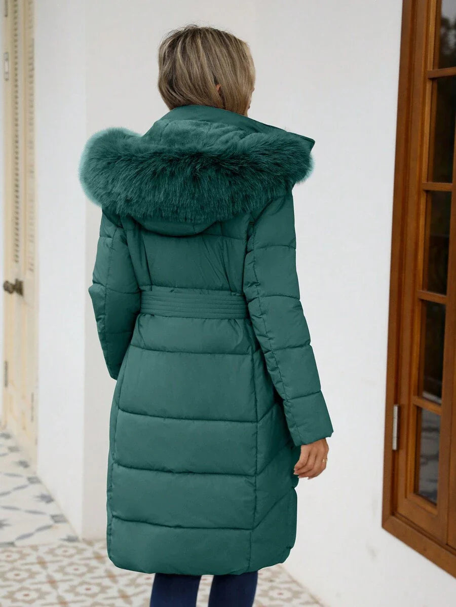 Risissida Women's Casual Hooded Jacket With Pockets, Lightweight Faux Fur Lined Quilted Trench Coat, Fall Daily Wear Winter Coat