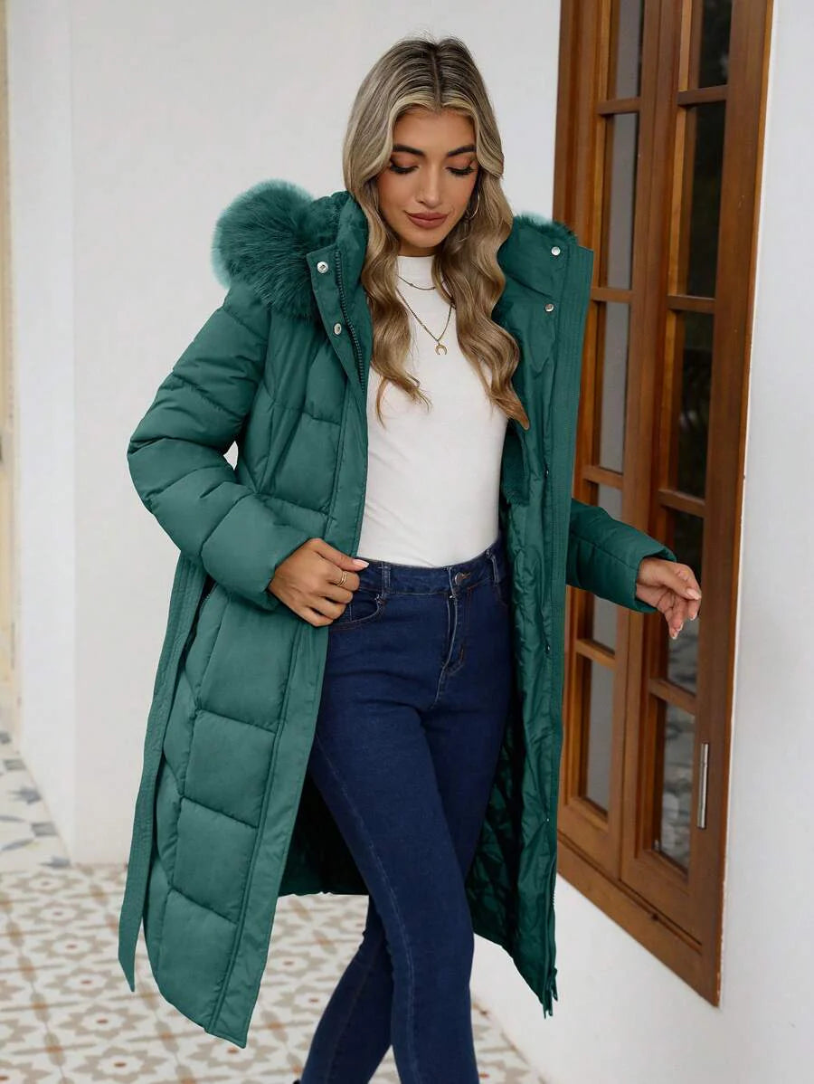 Risissida Women's Casual Hooded Jacket With Pockets, Lightweight Faux Fur Lined Quilted Trench Coat, Fall Daily Wear Winter Coat