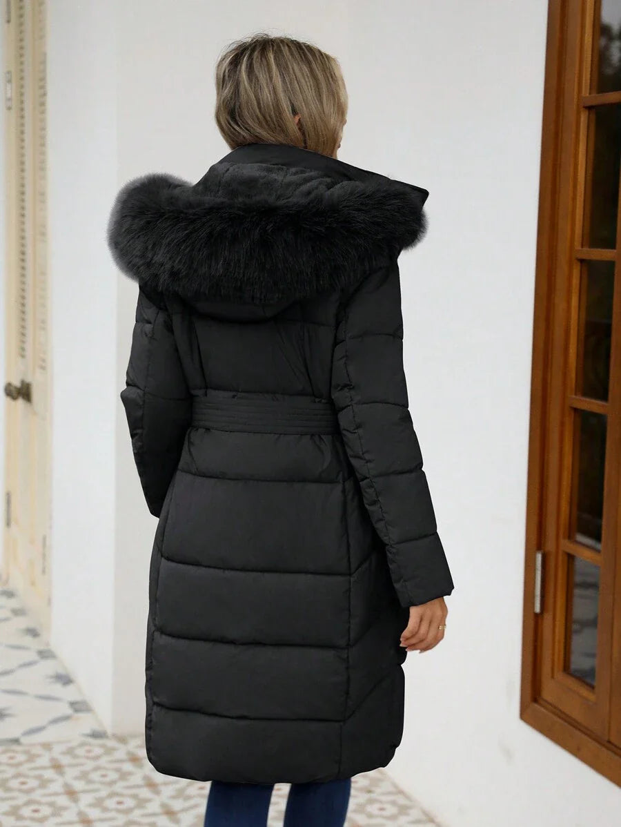 Risissida Women's Casual Hooded Jacket With Pockets, Lightweight Faux Fur Lined Quilted Trench Coat, Fall Daily Wear Winter Coat