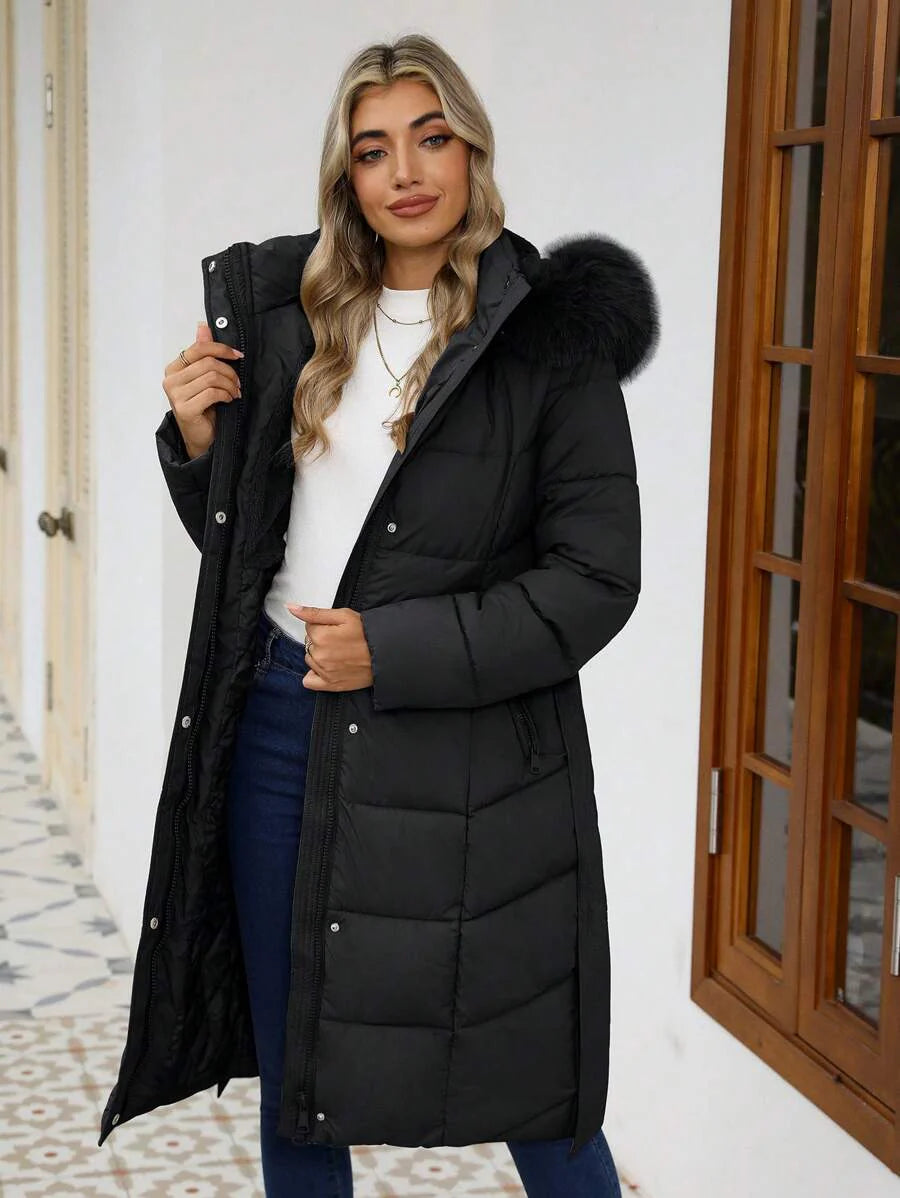 Risissida Women's Casual Hooded Jacket With Pockets, Lightweight Faux Fur Lined Quilted Trench Coat, Fall Daily Wear Winter Coat