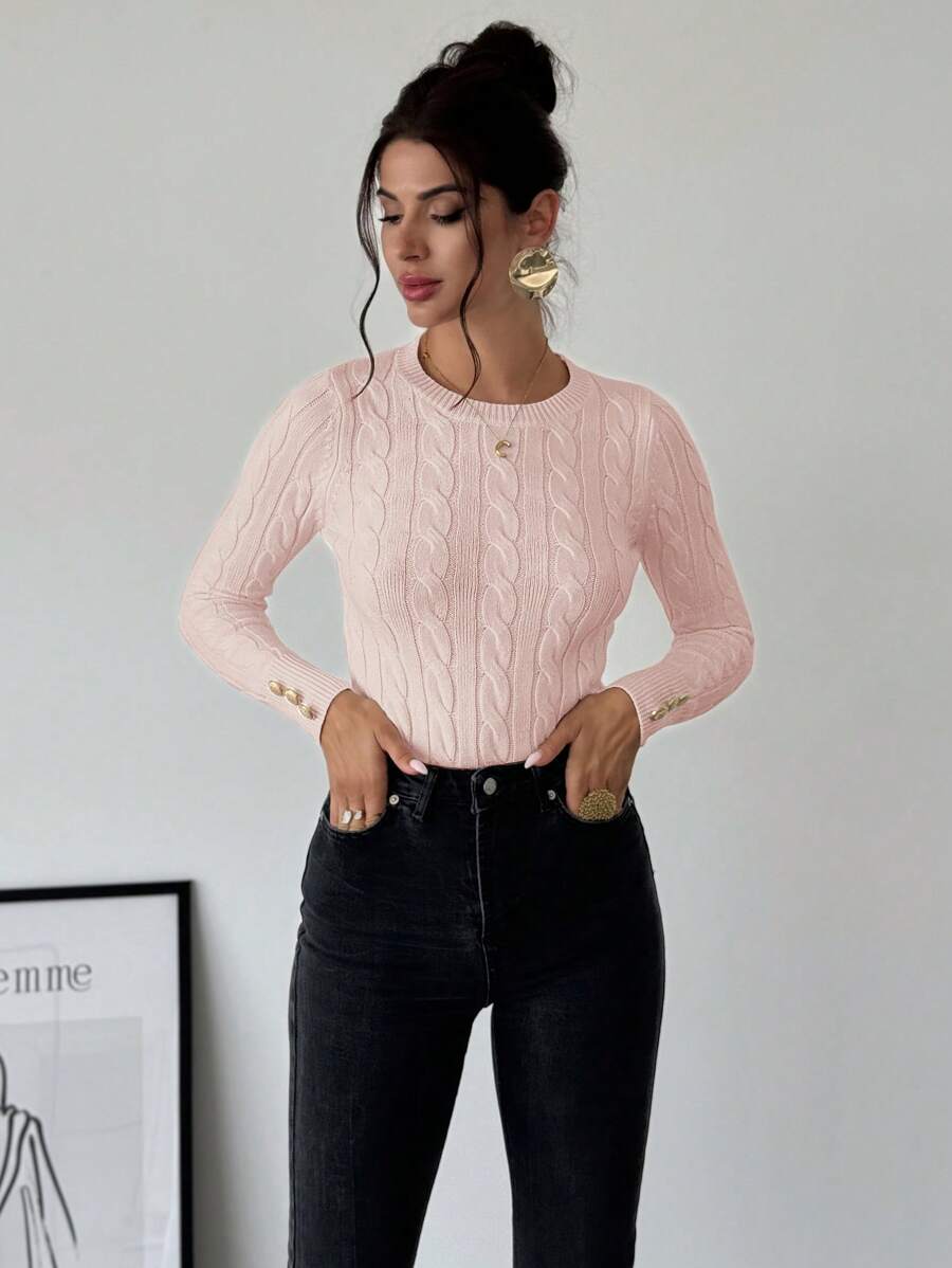 Firerie Women's Elegant Casual College Style Versatile White Crew Neck Cable Knit Button Decor Fitted Sweater
