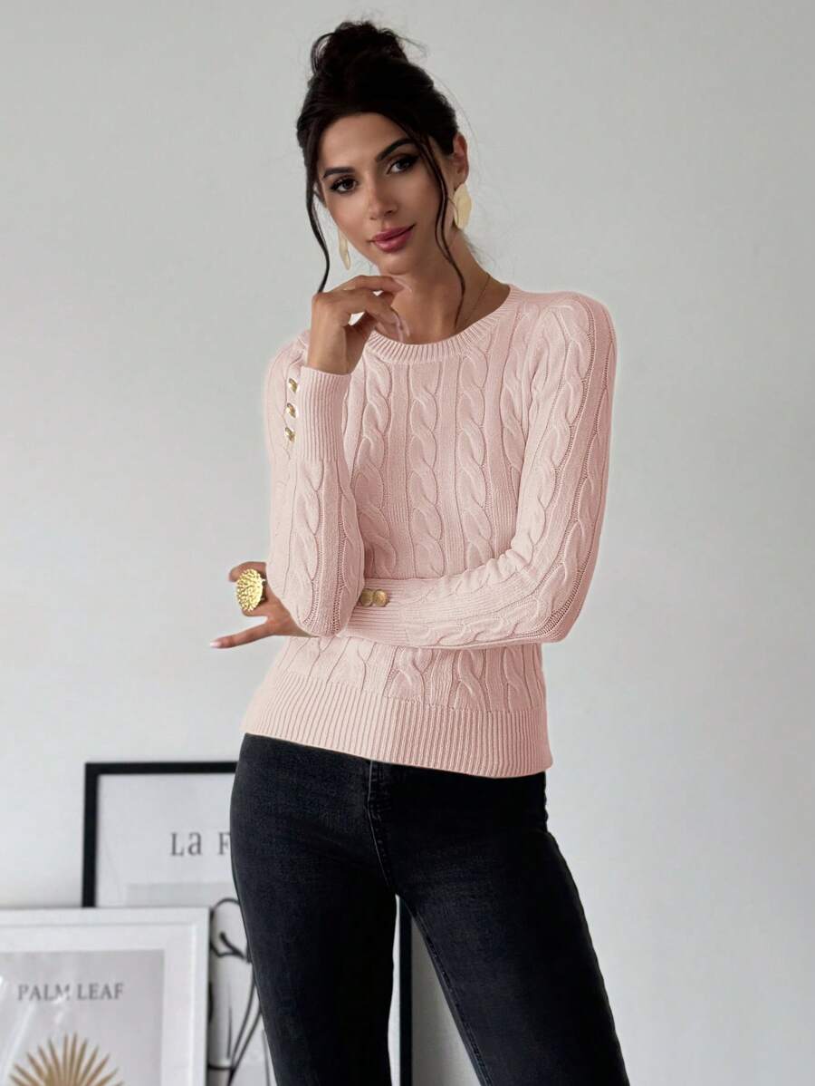 Firerie Women's Elegant Casual College Style Versatile White Crew Neck Cable Knit Button Decor Fitted Sweater