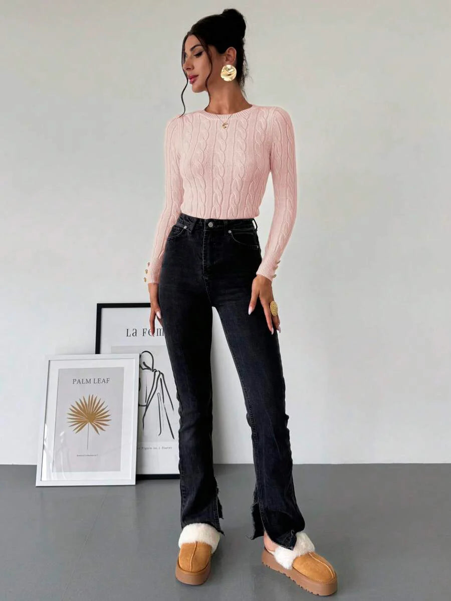 Firerie Women's Elegant Casual College Style Versatile White Crew Neck Cable Knit Button Decor Fitted Sweater