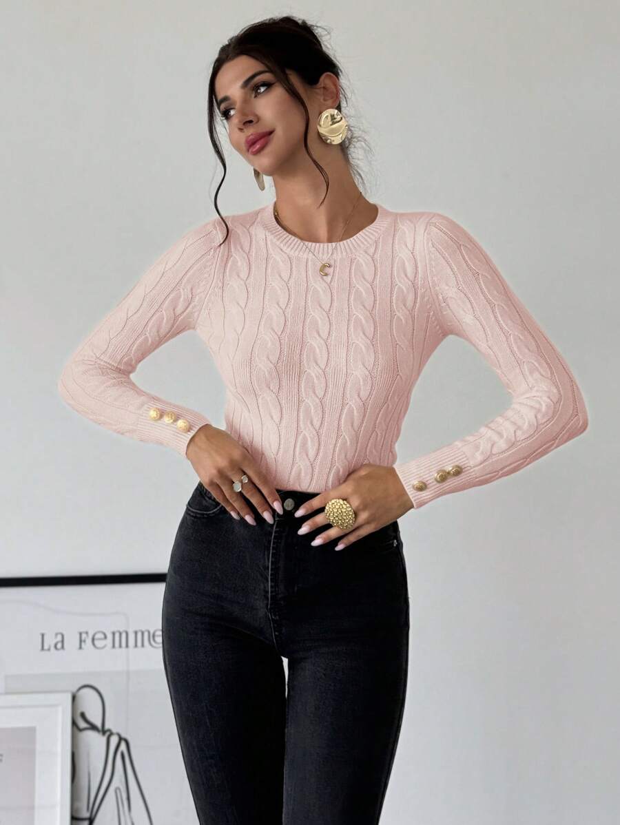 Firerie Women's Elegant Casual College Style Versatile White Crew Neck Cable Knit Button Decor Fitted Sweater