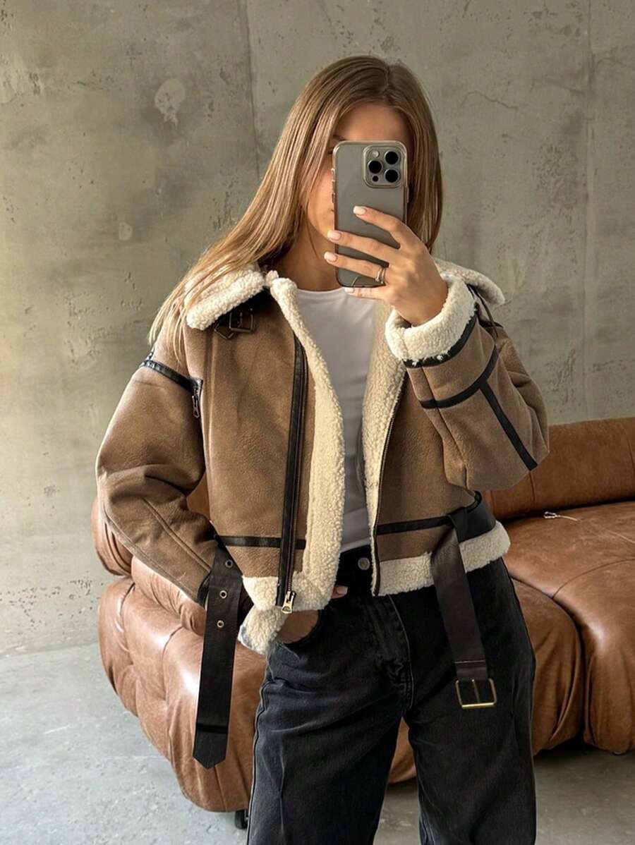 HH Fashion Elegant Women Thickening Warm Zip Coat Female Faux Leather Lambswool Patchwork Casual Jacket