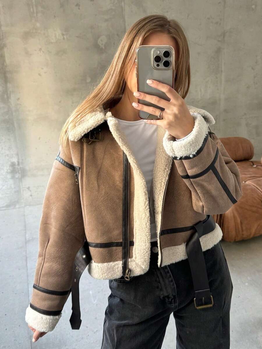 HH Fashion Elegant Women Thickening Warm Zip Coat Female Faux Leather Lambswool Patchwork Casual Jacket
