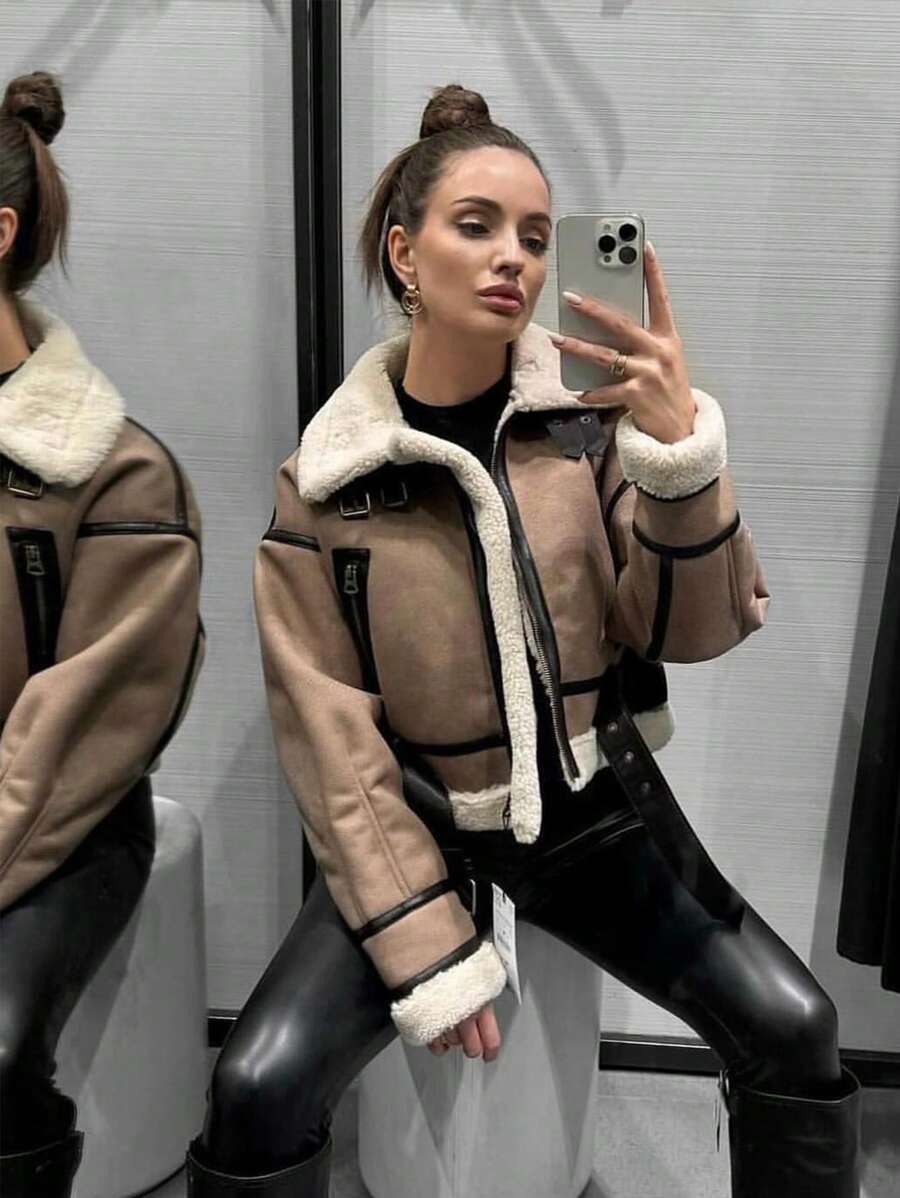 HH Fashion Elegant Women Thickening Warm Zip Coat Female Faux Leather Lambswool Patchwork Casual Jacket