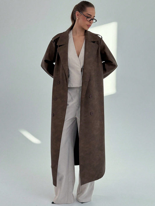 Aloruh Women's Autumn Long Sleeve PU Leather Coffee Color Long Windbreaker Jacket