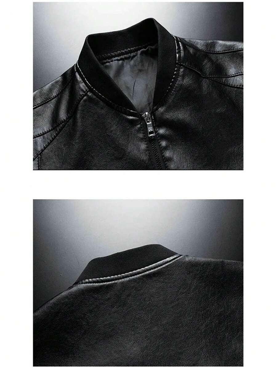 Men's PU Leather Pilot Jacket, Casual Long Sleeve Zippered Baseball Collar Coat With Pockets,Fleece