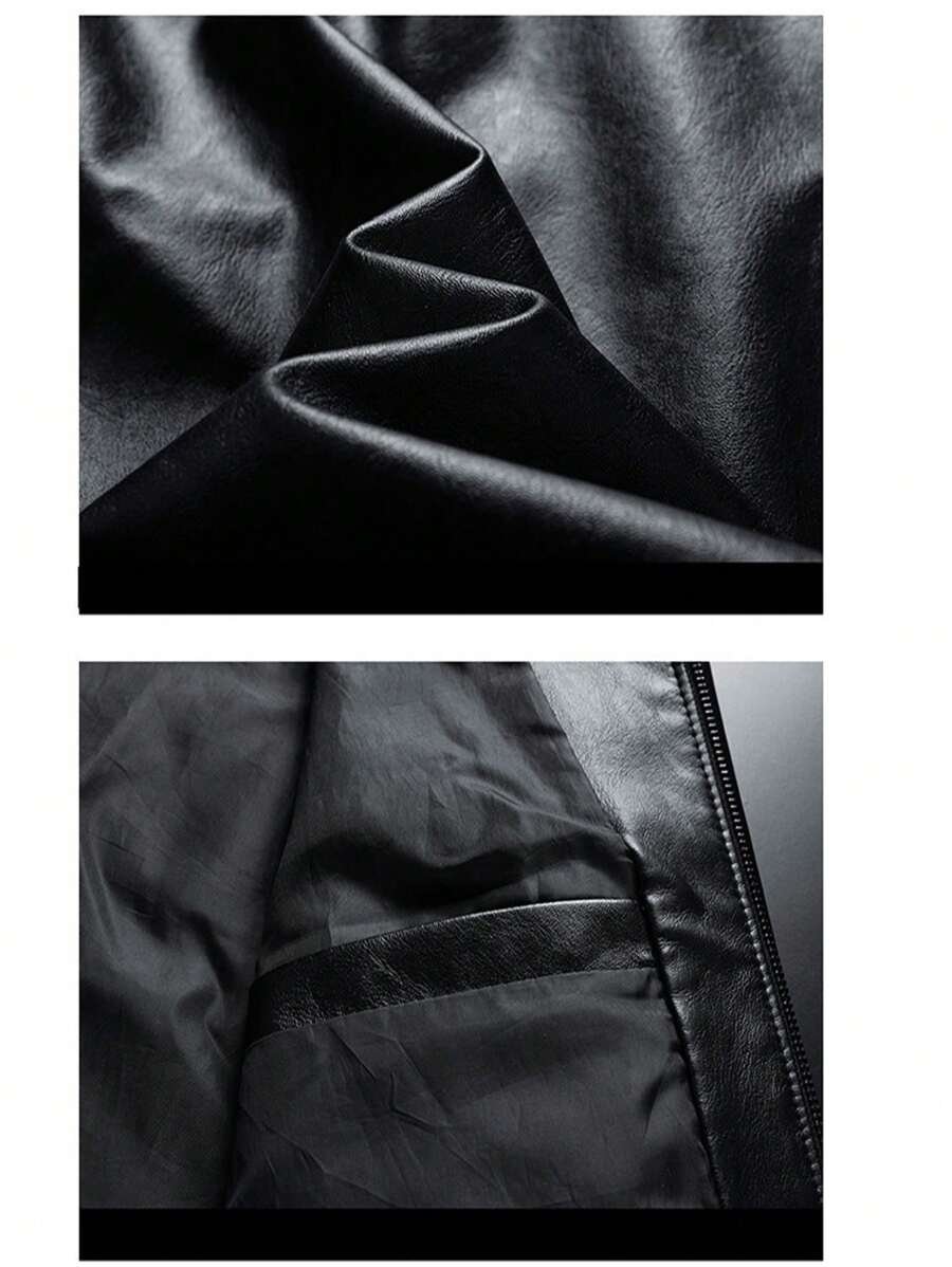 Men's PU Leather Pilot Jacket, Casual Long Sleeve Zippered Baseball Collar Coat With Pockets,Fleece