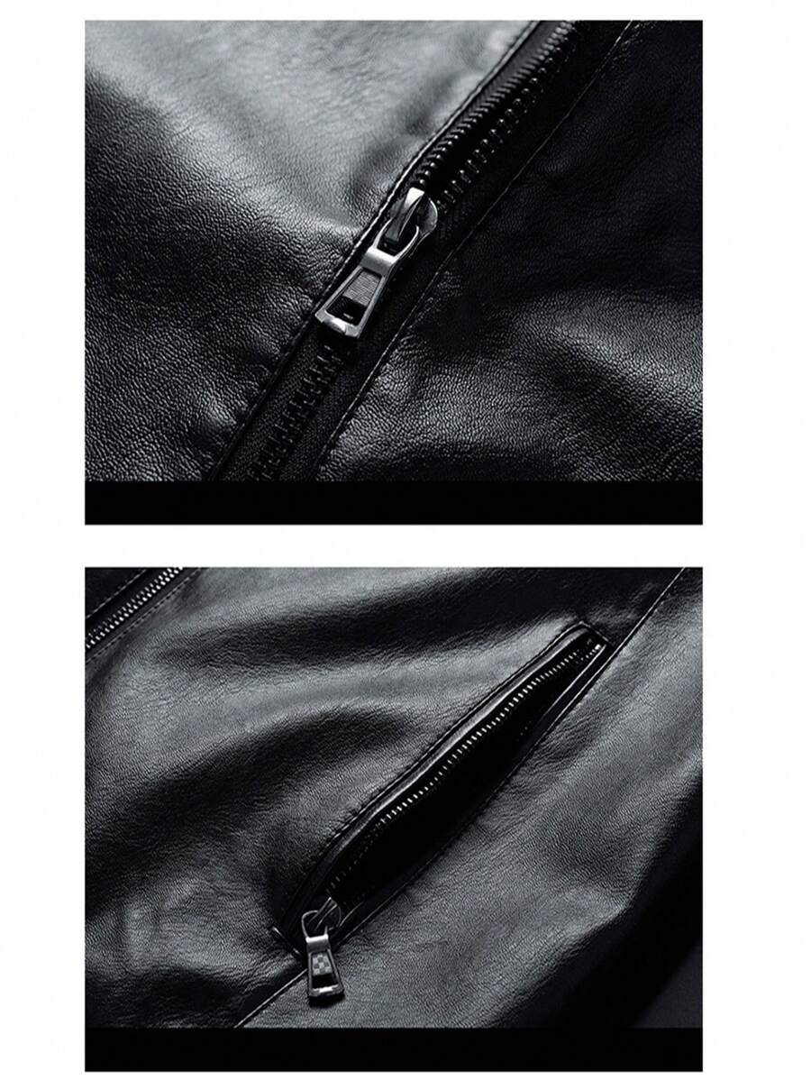 Men's PU Leather Pilot Jacket, Casual Long Sleeve Zippered Baseball Collar Coat With Pockets,Fleece