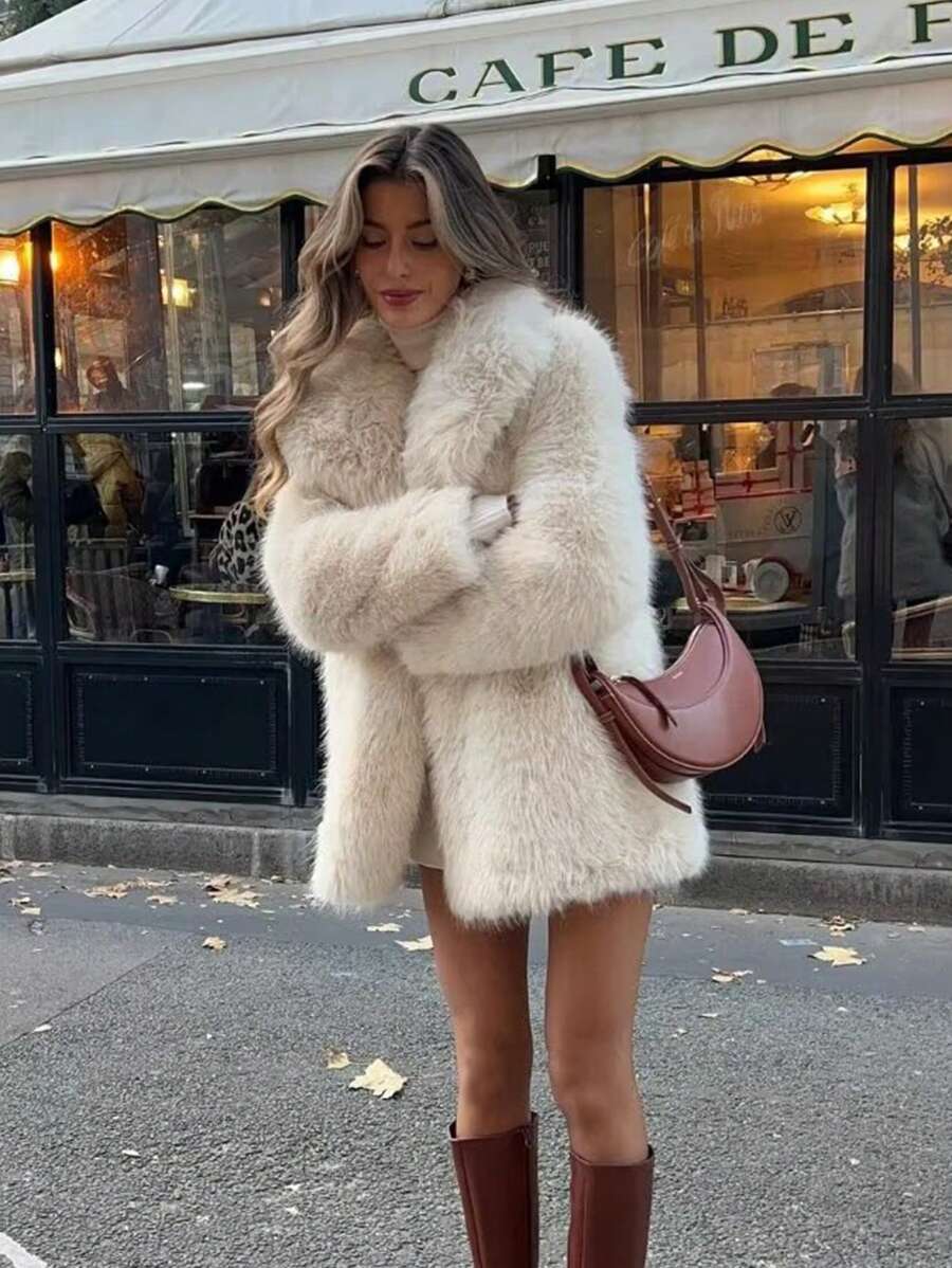 HH Women Vintage Solid Faux Fur Coat Loose Casual Long Sleeve Lapel Jacket Winter Thick Warm Outerwear Oversize Style