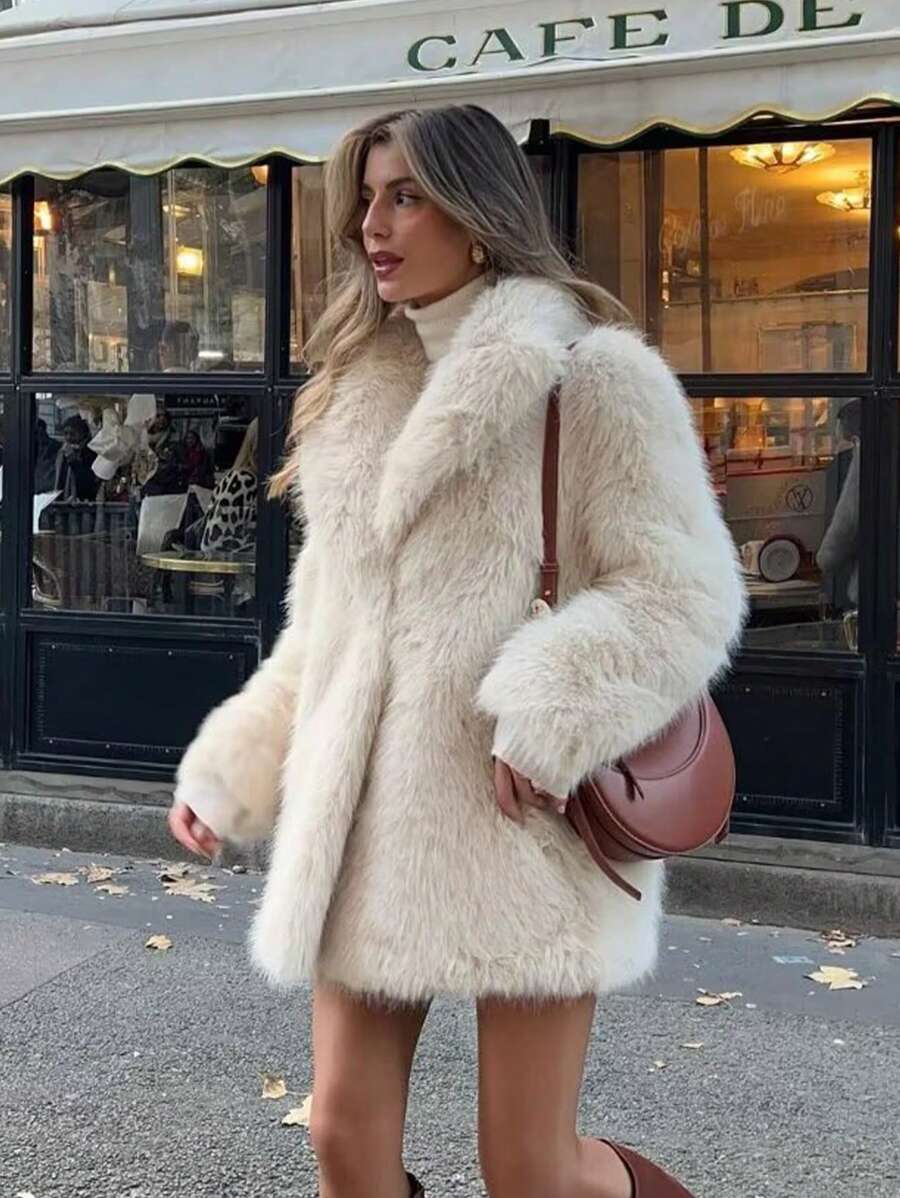 HH Women Vintage Solid Faux Fur Coat Loose Casual Long Sleeve Lapel Jacket Winter Thick Warm Outerwear Oversize Style