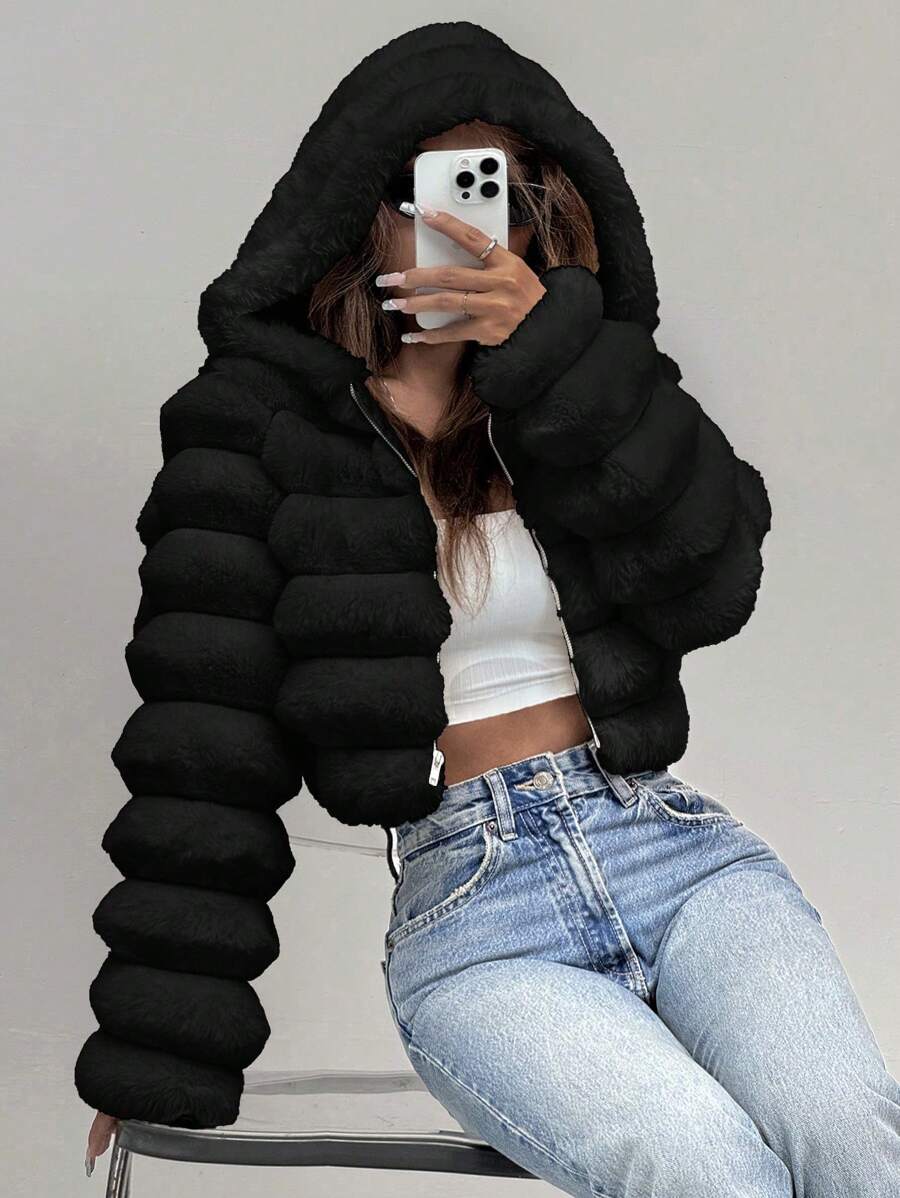 Comfortcana Women's Fashion Street Zip-Up Hooded Faux Fur Jacket, Winter Brown Zip Up Winter Winter Clothes Jacket Halloween Christmas,Winter Clothes For Women