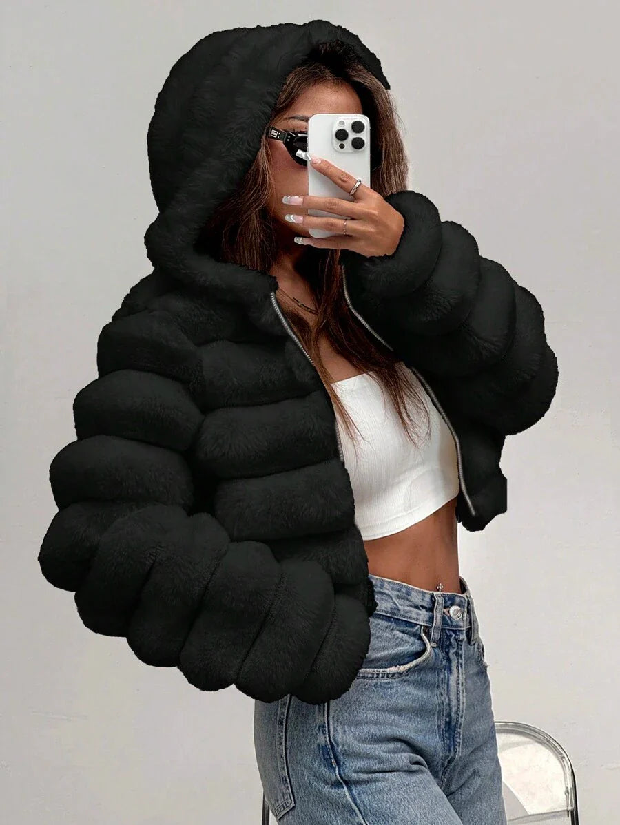 Comfortcana Women's Fashion Street Zip-Up Hooded Faux Fur Jacket, Winter Brown Zip Up Winter Winter Clothes Jacket Halloween Christmas,Winter Clothes For Women