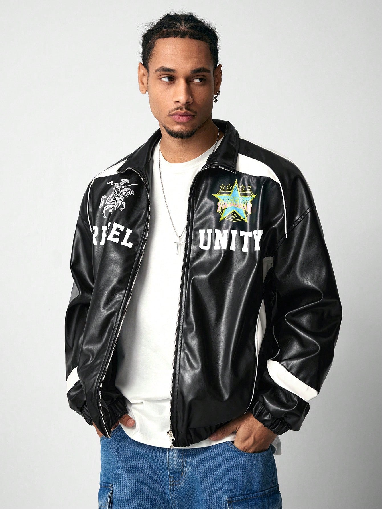 ROMWE MEN Street Life Men's Letter Graphic Long Sleeve PU Leather Jacket (Padded Lining)