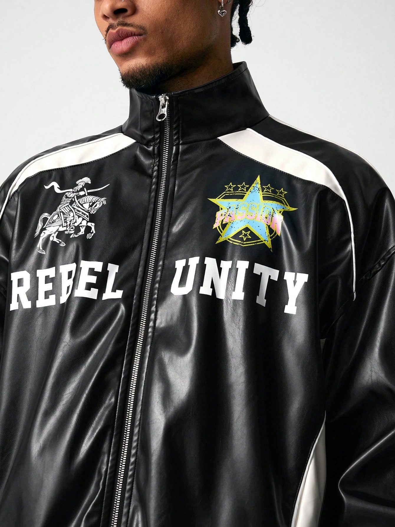 ROMWE MEN Street Life Men's Letter Graphic Long Sleeve PU Leather Jacket (Padded Lining)