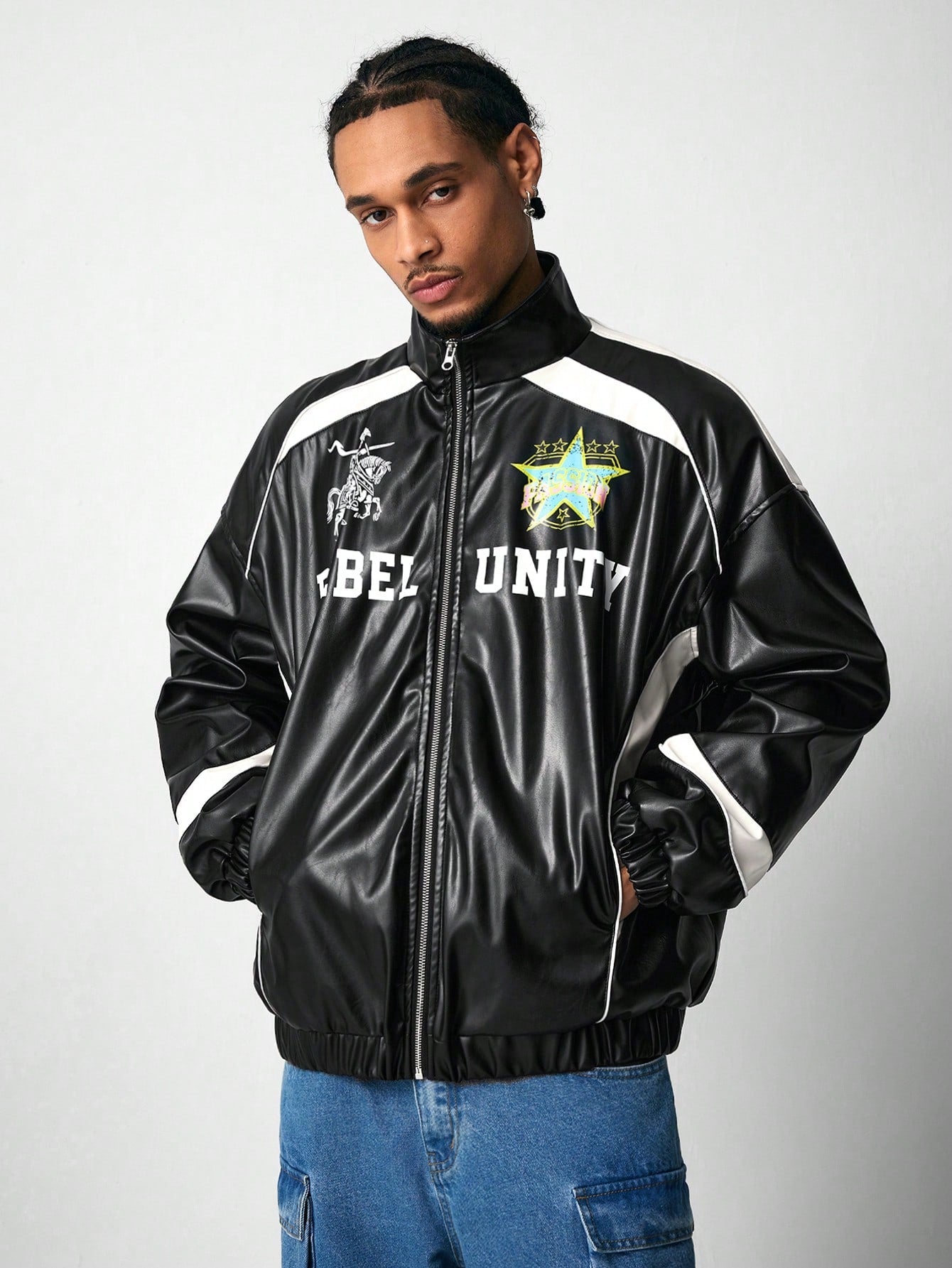 ROMWE MEN Street Life Men's Letter Graphic Long Sleeve PU Leather Jacket (Padded Lining)
