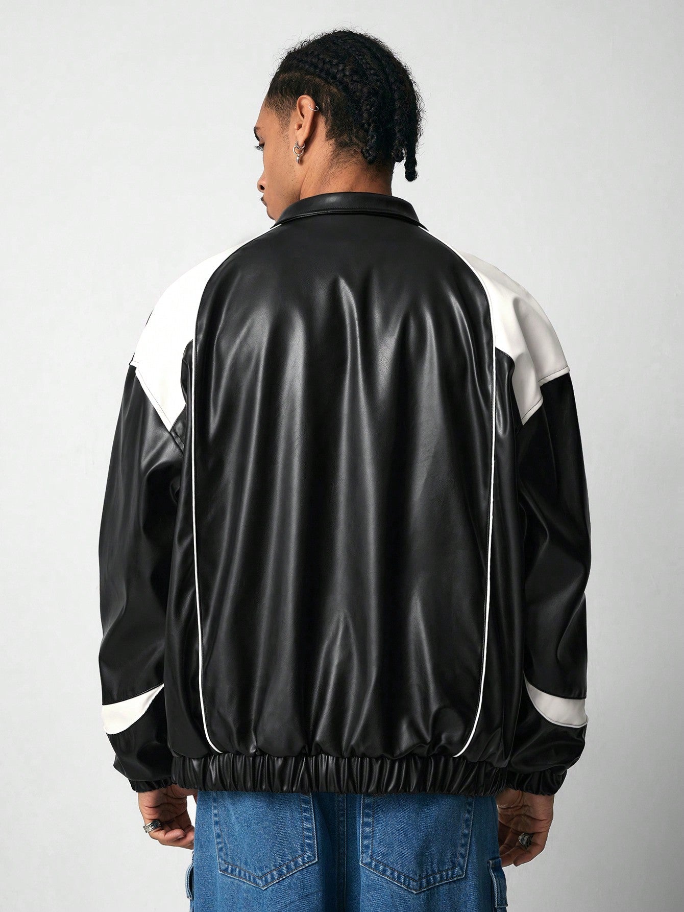 ROMWE MEN Street Life Men's Letter Graphic Long Sleeve PU Leather Jacket (Padded Lining)